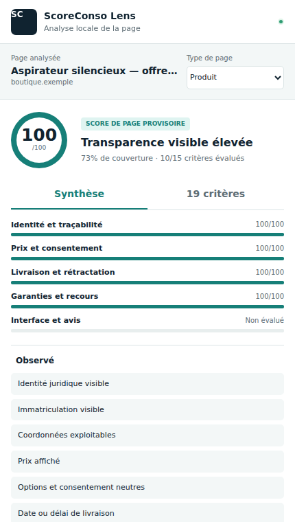 Interface réelle de ScoreConso Lens affichant un rapport privé de transparence